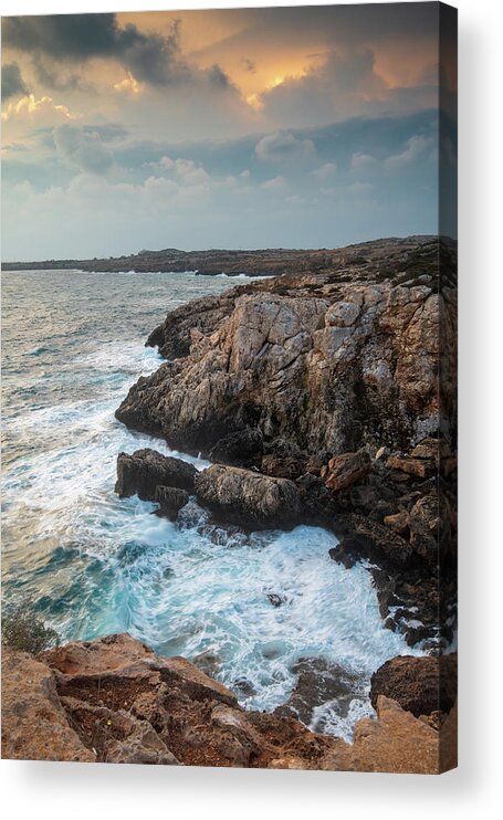 Stormy Sea Acrylic Print featuring the photograph Seascape with windy waves during stormy weather at sunset. by Michalakis Ppalis
