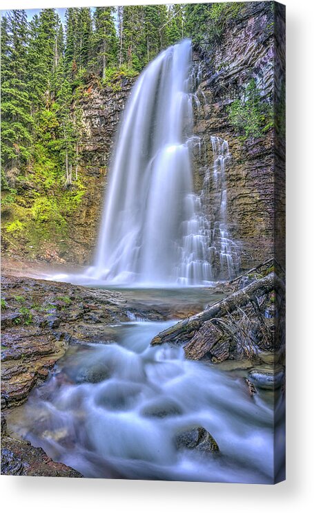 The Powerful And Towering Cascading Virginia Falls At Glacier Na Acrylic Print featuring the photograph Simplest things can turn out to be amazing by Carolyn Hall