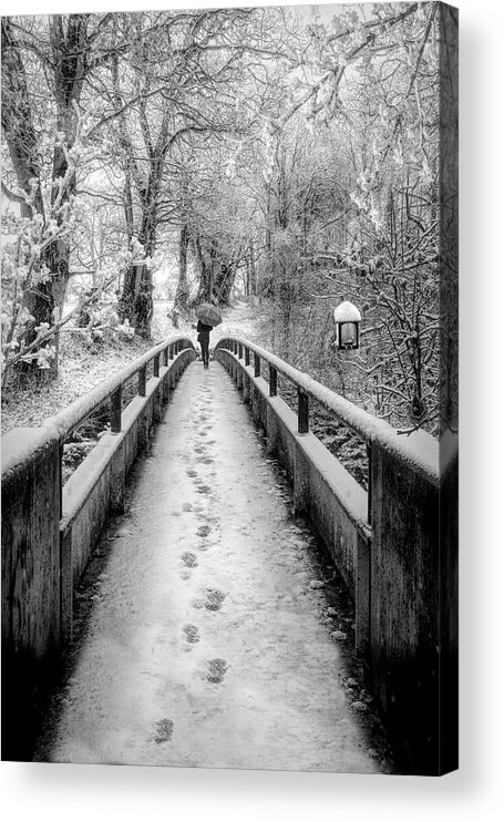 Bridge Acrylic Print featuring the photograph Snowy Walk in Black and White by Debra and Dave Vanderlaan