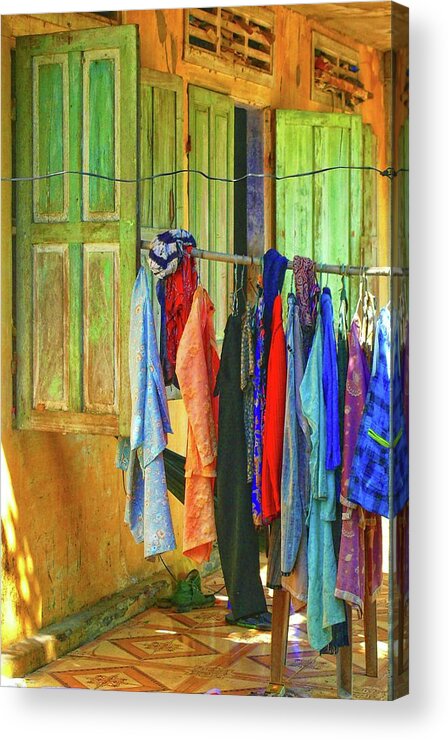 Clothes Acrylic Print featuring the photograph Window doors with hanging clothes, Vietnam by Robert Bociaga