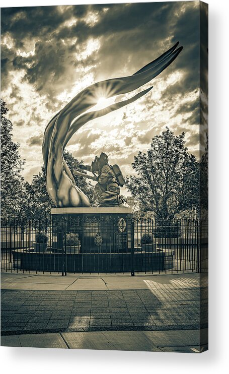 Cleveland Ohio Acrylic Print featuring the photograph Sunrise At The Cleveland Firefighters Memorial - Sepia by Gregory Ballos