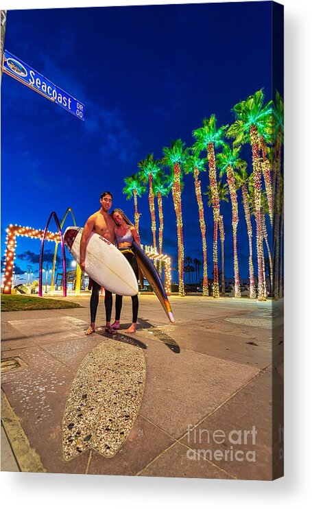 Christmas Ornament Acrylic Print featuring the photograph Surfers at the Imperial Beach Pier by Sam Antonio