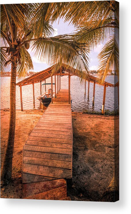 African Acrylic Print featuring the photograph Swaying Palms Over the Dock At Sunset by Debra and Dave Vanderlaan