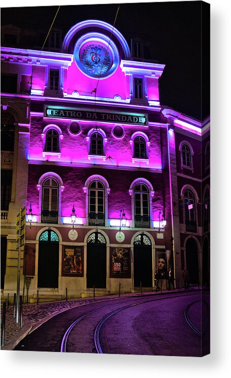 Lisbon Acrylic Print featuring the photograph Teatro da Trindade at Night in Lisbon by Angelo DeVal