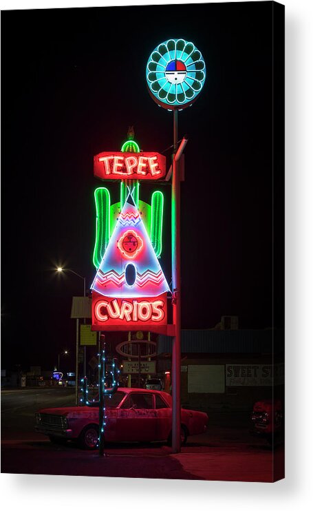 Route 66 Acrylic Print featuring the photograph Tee Pee Curios Neon Sign by Susan Rissi Tregoning