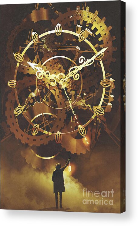 Acrylic Acrylic Print featuring the painting The Big Golden Clockwork by Tithi Luadthong