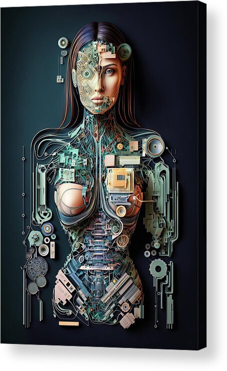 Cyborg Acrylic Print featuring the digital art The Future of AI 02 Robot Woman by Matthias Hauser