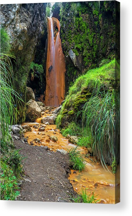 Andes Acrylic Print featuring the photograph The golden waterfall by Henri Leduc