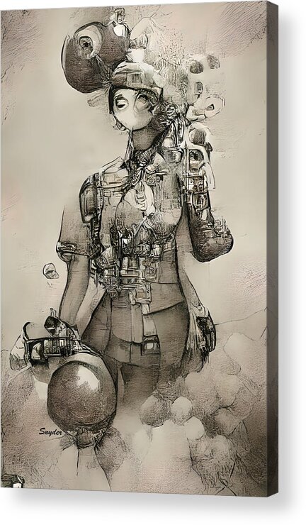 Abstract Acrylic Print featuring the digital art The Iron Maiden of Steampunk Winery AI BW by Floyd Snyder