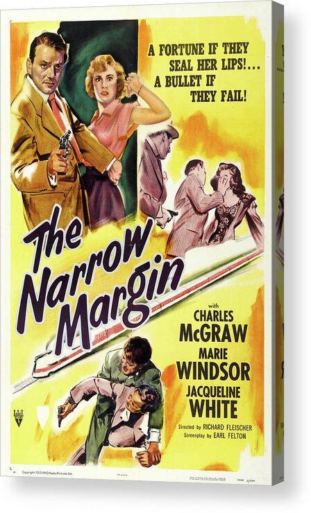 Narrow Acrylic Print featuring the mixed media ''The Narrow Margin'', with Charles McGraw and Marie Windsor, 1952 by Movie World Posters