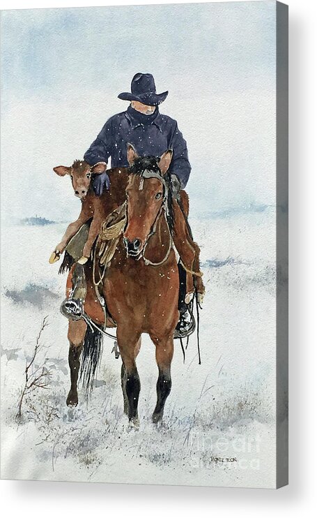 A Horse Carries A Cowboy And A Newborn Calf At A Ranch In Oregon On A Cold Snowy Morning. Acrylic Print featuring the painting The Newborn by Monte Toon