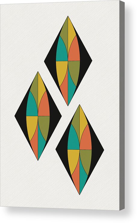 Mid Century Acrylic Print featuring the digital art Triple Diamonds Mid Century on white with diagonal line background by DB Artist