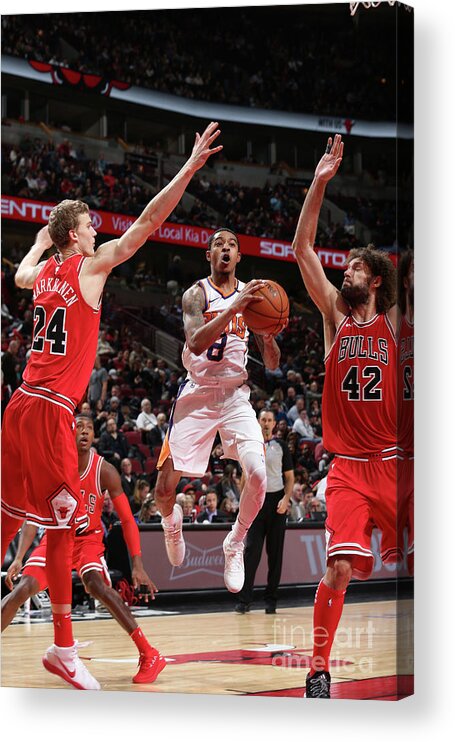 Chicago Bulls Acrylic Print featuring the photograph Tyler Ulis, Lauri Markkanen, and Robin Lopez by Gary Dineen