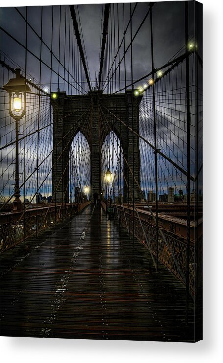 Streetlights Acrylic Print featuring the photograph Wet Day On The Brooklyn Bridge by Chris Lord