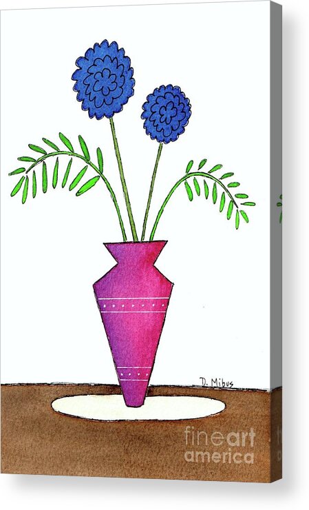 Mid Century Modern Flowers Acrylic Print featuring the painting Whimsical Blue Flowers in Pinkish Purple Vase by Donna Mibus