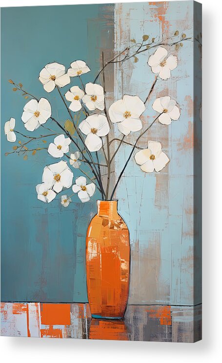 Flower Acrylic Print featuring the painting White and Turquoise Floral Art by Lourry Legarde