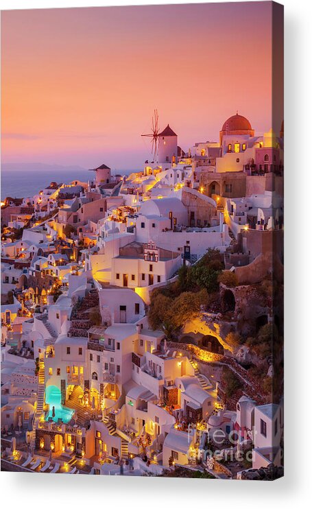 Santorini Oia Acrylic Print featuring the photograph Windmill and white houses at sunset, Oia, Santorini, Greece by Neale And Judith Clark