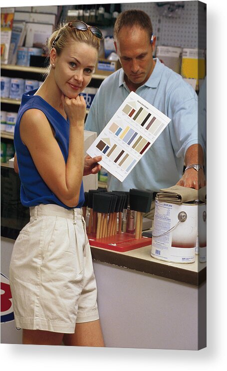 Mid Adult Acrylic Print featuring the photograph Woman at paint store by Comstock