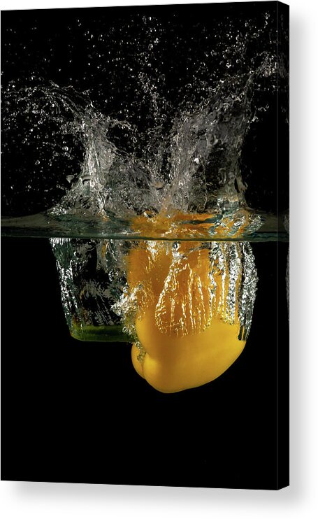 Pepper Acrylic Print featuring the photograph Yellow bell pepper dropped and slashing on water by Michalakis Ppalis