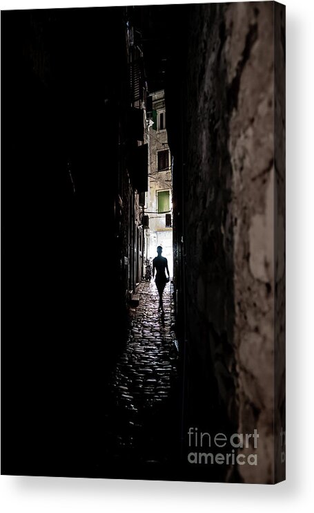  Acrylic Print featuring the photograph Young Woman Walks Alone Through Spooky Narrow Abandoned Alley In The Night by Andreas Berthold
