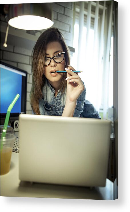 New Business Acrylic Print featuring the photograph Young Woman Working on a computer by Zeljkosantrac