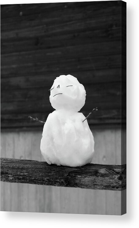 Snowman Acrylic Print featuring the photograph Zen Fence Sitting Mini Snowman Black and White by Shawn O'Brien