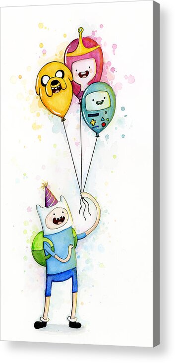 Jake Acrylic Print featuring the painting Adventure Time Finn with Birthday Balloons Jake Princess Bubblegum BMO by Olga Shvartsur
