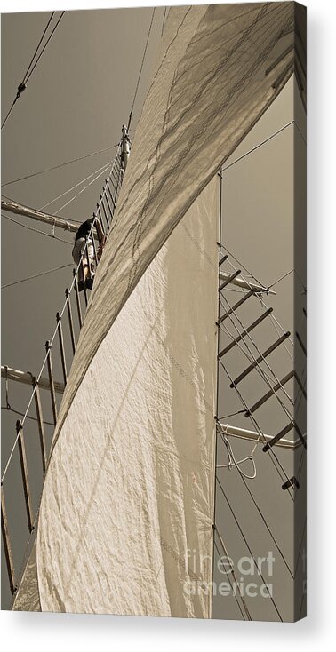 Schooner Acrylic Print featuring the photograph Hoisting The Mainsail In Sepia by Jani Freimann