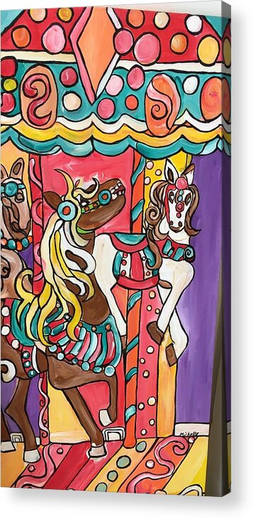 Colorful 12x24 Painting On Canvas Acrylic Print featuring the painting Carousel Horses by Michelle Gonzalez