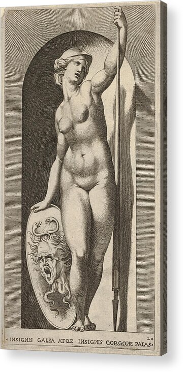 Giovanni Jacopo Caraglio Acrylic Print featuring the drawing Pallas Athena by Giovanni Jacopo Caraglio