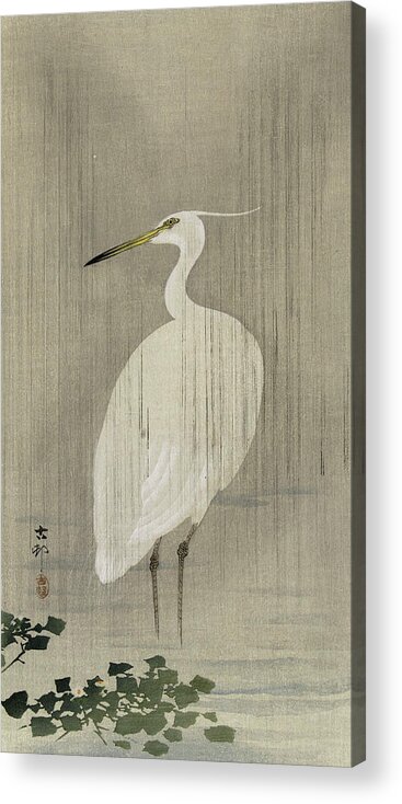 Ohara Koson Acrylic Print featuring the painting Egret in rain by Ohara Koson
