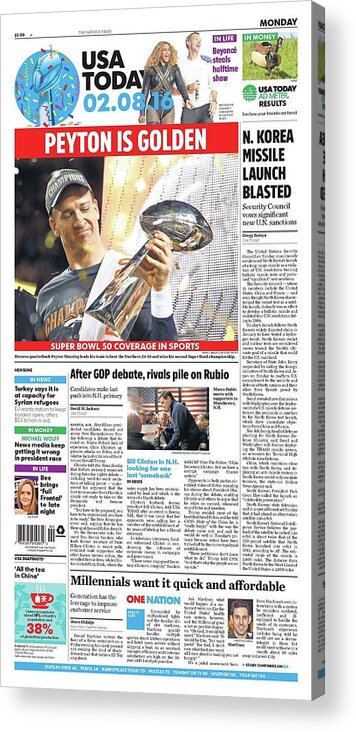 Usa Today Acrylic Print featuring the digital art 2016 Broncos vs. Panthers USA TODAY COVER by Gannett