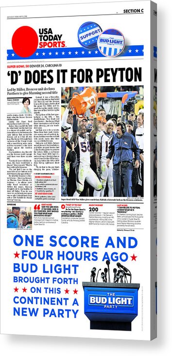 Usa Today Acrylic Print featuring the digital art 2016 Broncos vs. Panthers USA TODAY SPORTS SECTION FRONT by Gannett