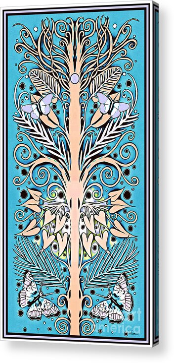 Espalier Acrylic Print featuring the drawing French Design with Sand Colored Espalier, Lilac Butterflies on a Turquoise Background with Border by Lise Winne