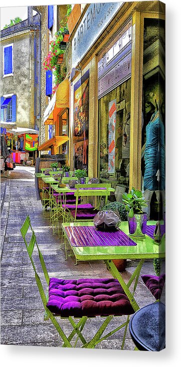 Cafe Acrylic Print featuring the photograph Green and Purple Sidewalk Cafe #2 by Steve Templeton