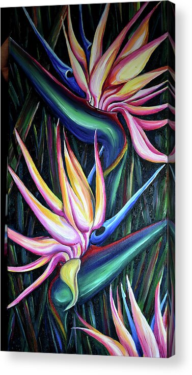 Strelitzia Reginae Acrylic Print featuring the painting Pink Birds Of Paradise by Karin Dawn Kelshall- Best