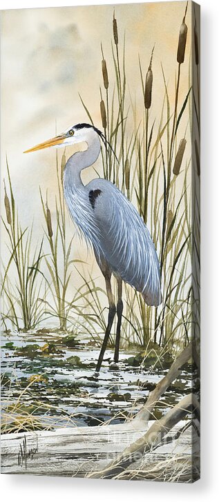 Heron Limited Edition Prints Acrylic Print featuring the painting Heron and Cattails by James Williamson