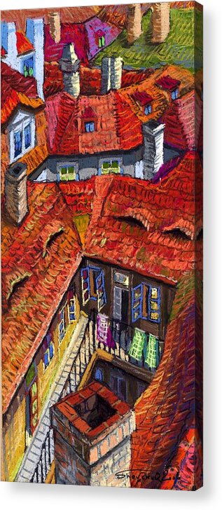 Pastel Acrylic Print featuring the painting Prague roofs 01 by Yuriy Shevchuk