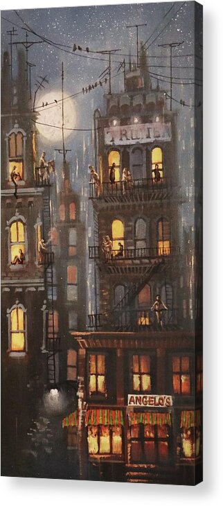 City Scene Acrylic Print featuring the painting Life Above Angelo's by Tom Shropshire