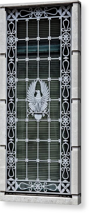 Us Symbol Acrylic Print featuring the photograph 1932 Exterior detail with US Symbol at Clarkson Fisher Federal Building Trenton NJ by Ikonographia - Carol Highsmith