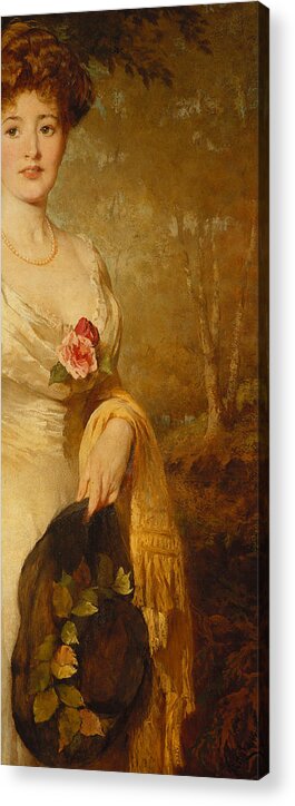 British Acrylic Print featuring the painting Portrait of a Lady in a White Dress by George Elgar Hicks