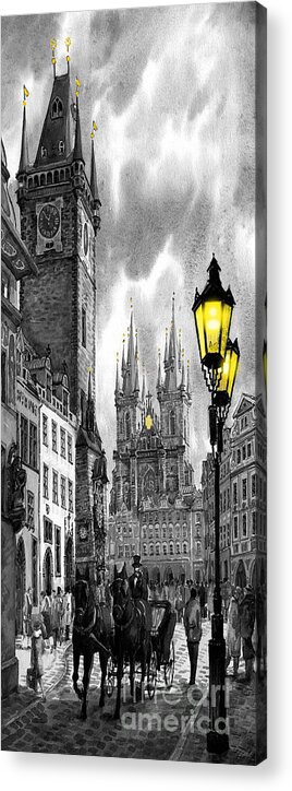 Geelee.watercolour Paper Acrylic Print featuring the painting BW Prague Old Town Squere by Yuriy Shevchuk