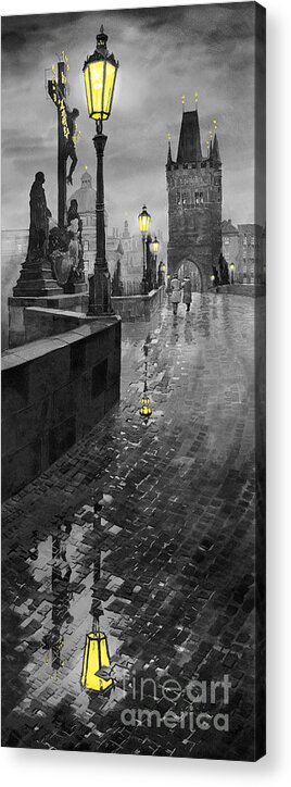 Prague Acrylic Print featuring the painting BW Prague Charles Bridge 01 by Yuriy Shevchuk