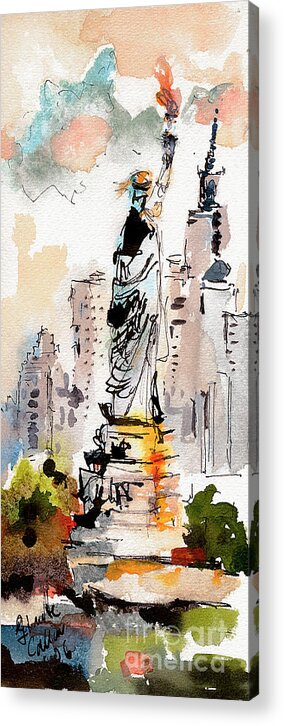 New York Acrylic Print featuring the painting Modern Statue of Liberty new York Watercolor by Ginette Callaway