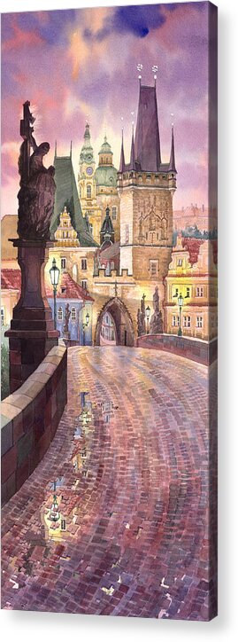 Watercolour Acrylic Print featuring the painting Prague Charles Bridge Night Light 1 by Yuriy Shevchuk