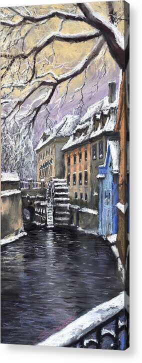 Pastel Acrylic Print featuring the painting Prague Chertovka Winter by Yuriy Shevchuk
