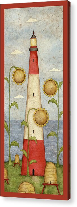 Huge Sunflowers Before Red And White Striped Lighthouse With Bee Hives Acrylic Print featuring the painting Sunflower Lighthouse by Robin Betterley