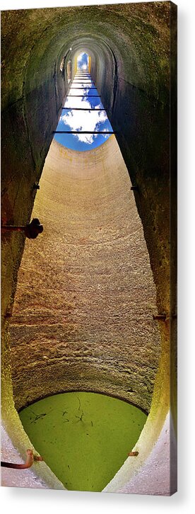 Silo Acrylic Print featuring the photograph Portal - 180 degree pano view inside an abandoned Sheboygan corn silo by Peter Herman