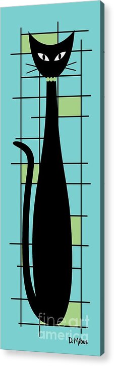 Mid Century Modern Cat Acrylic Print featuring the digital art Tall Mondrian Cat on Blue by Donna Mibus