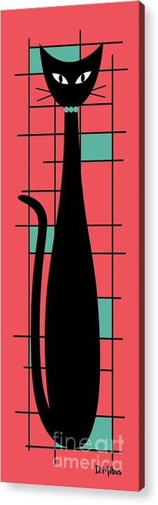 Mid Century Modern Cat Acrylic Print featuring the digital art Tall Mondrian Cat on Salmon Pink by Donna Mibus